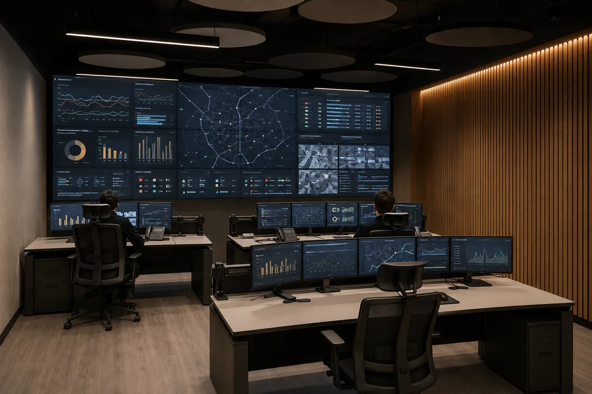 Sala de comando e controlo com videowall, postos de operação e informação crítica em tempo real.