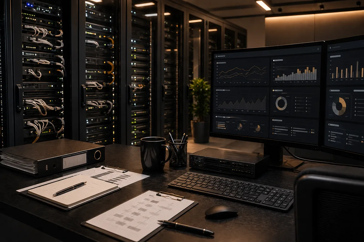 Ambiente de operação IT com monitorização de redes, cloud, identidade e serviços críticos.