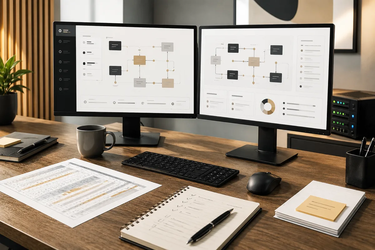 Posto de trabalho com automações, dashboards operacionais e validações de processo.